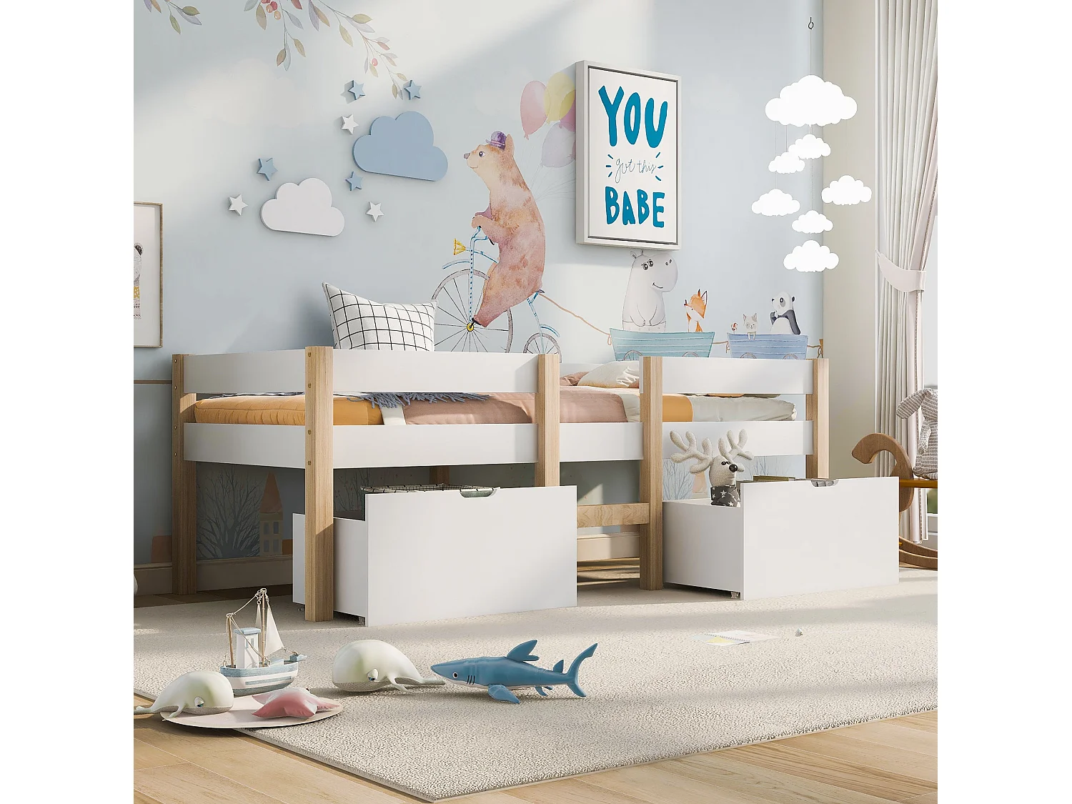 Lit enfant semi-haut 90x200 cm, pin massif blanc, avec tiroir de rangement, échelle et barrière de sécurité, sans matelas