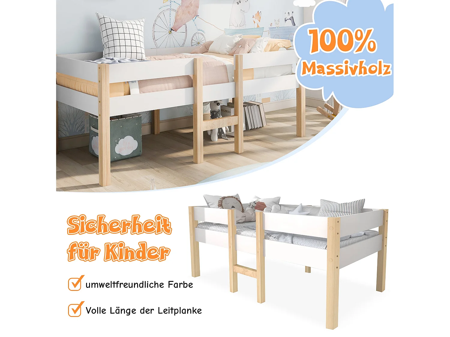 Lit enfant semi-haut 90x200 cm, pin massif blanc, avec tiroir de rangement, échelle et barrière de sécurité, sans matelas