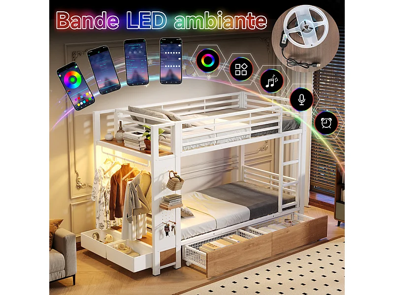 Litera, 90x200cm, con 4 cajones y tira LED, barra de colgar, Blanco