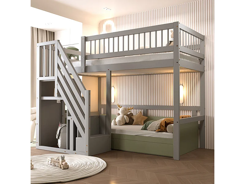 Lits superposés 90 x 200 cm - avec escalier - Pin + Contreplaqué + MDF - Gris