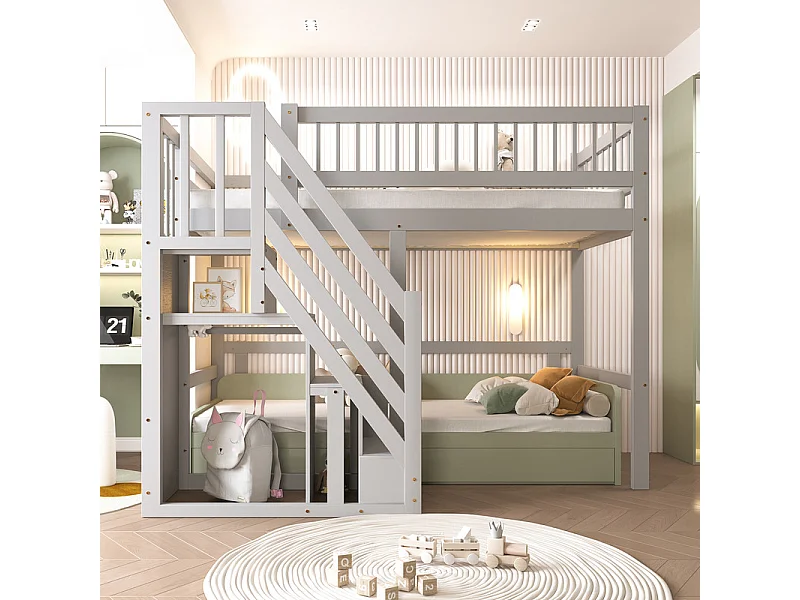 Lits superposés 90 x 200 cm - avec escalier - Pin + Contreplaqué + MDF - Gris