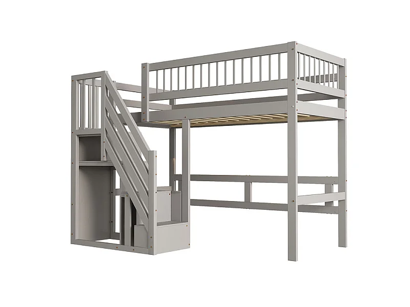 Lits superposés 90 x 200 cm - avec escalier - Pin + Contreplaqué + MDF - Gris