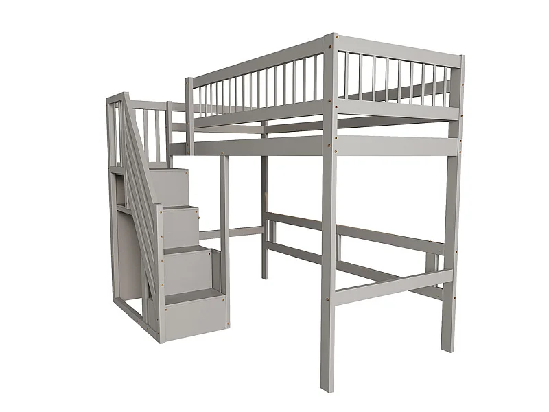Lits superposés 90 x 200 cm - avec escalier - Pin + Contreplaqué + MDF - Gris