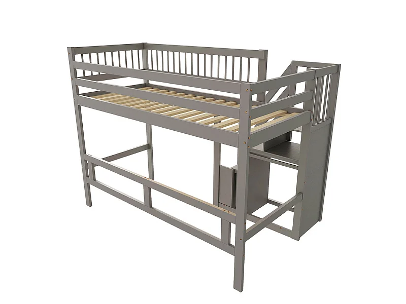 Lits superposés 90 x 200 cm - avec escalier - Pin + Contreplaqué + MDF - Gris