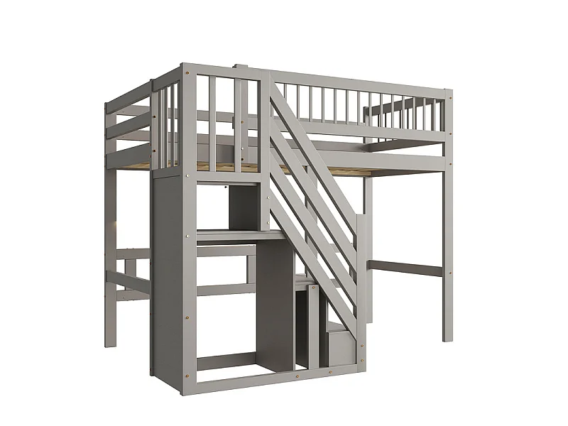 Lits superposés 90 x 200 cm - avec escalier - Pin + Contreplaqué + MDF - Gris