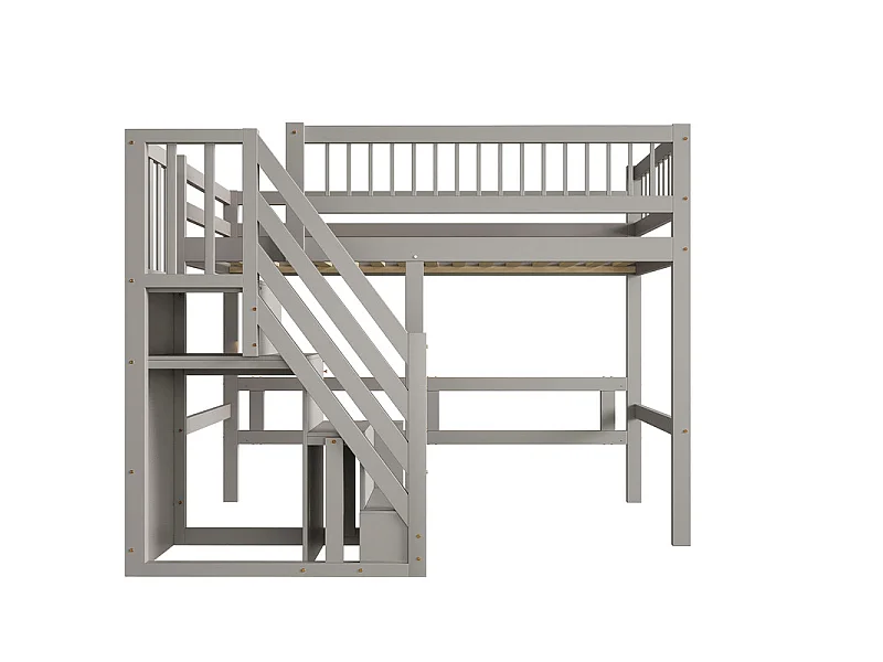 Lits superposés 90 x 200 cm - avec escalier - Pin + Contreplaqué + MDF - Gris
