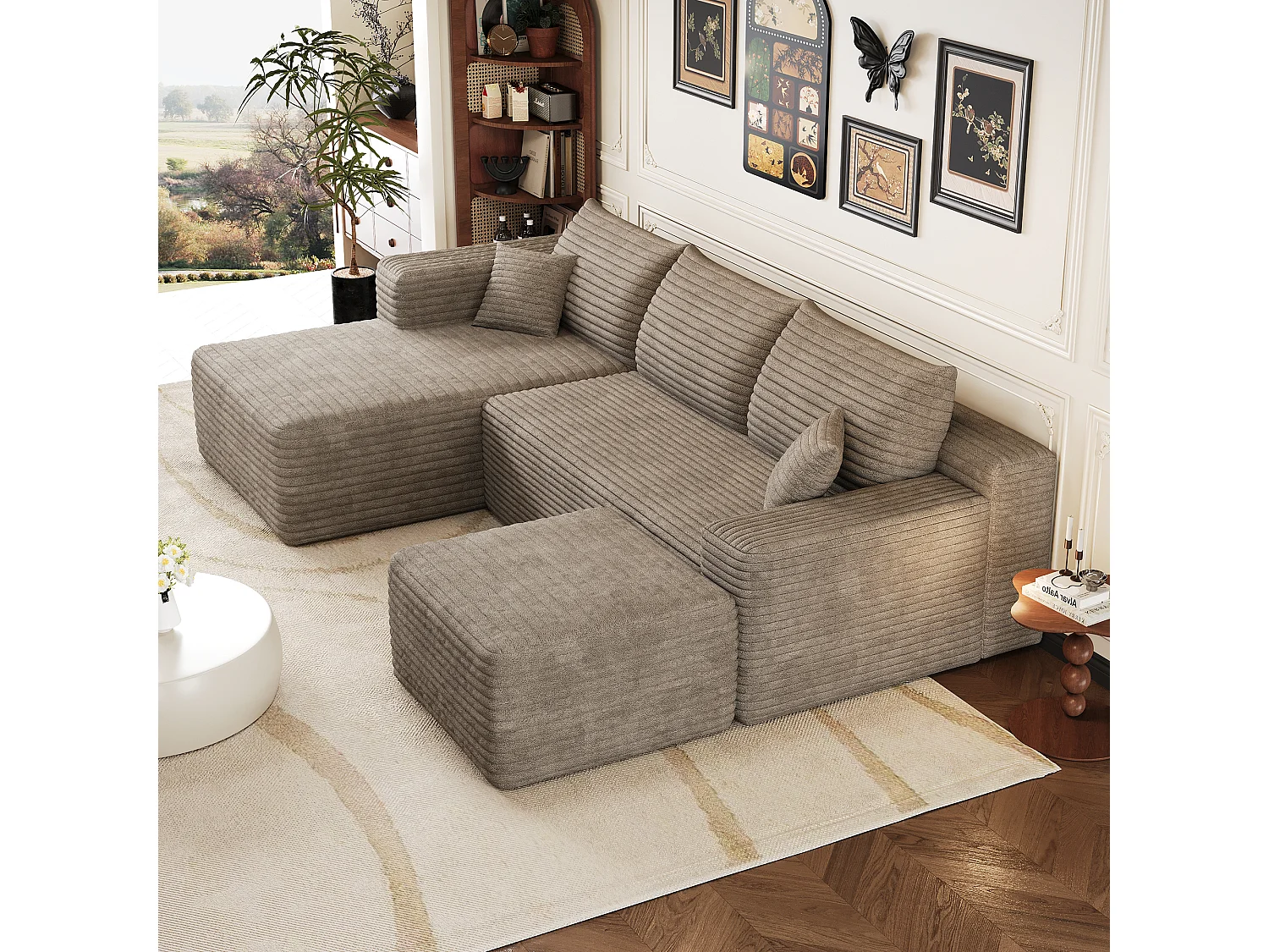 Canapé en L avec méridienne à gauche, assise profonde, style minimaliste moderne, motif « nuages », prêt à l'emploi, couleur camel