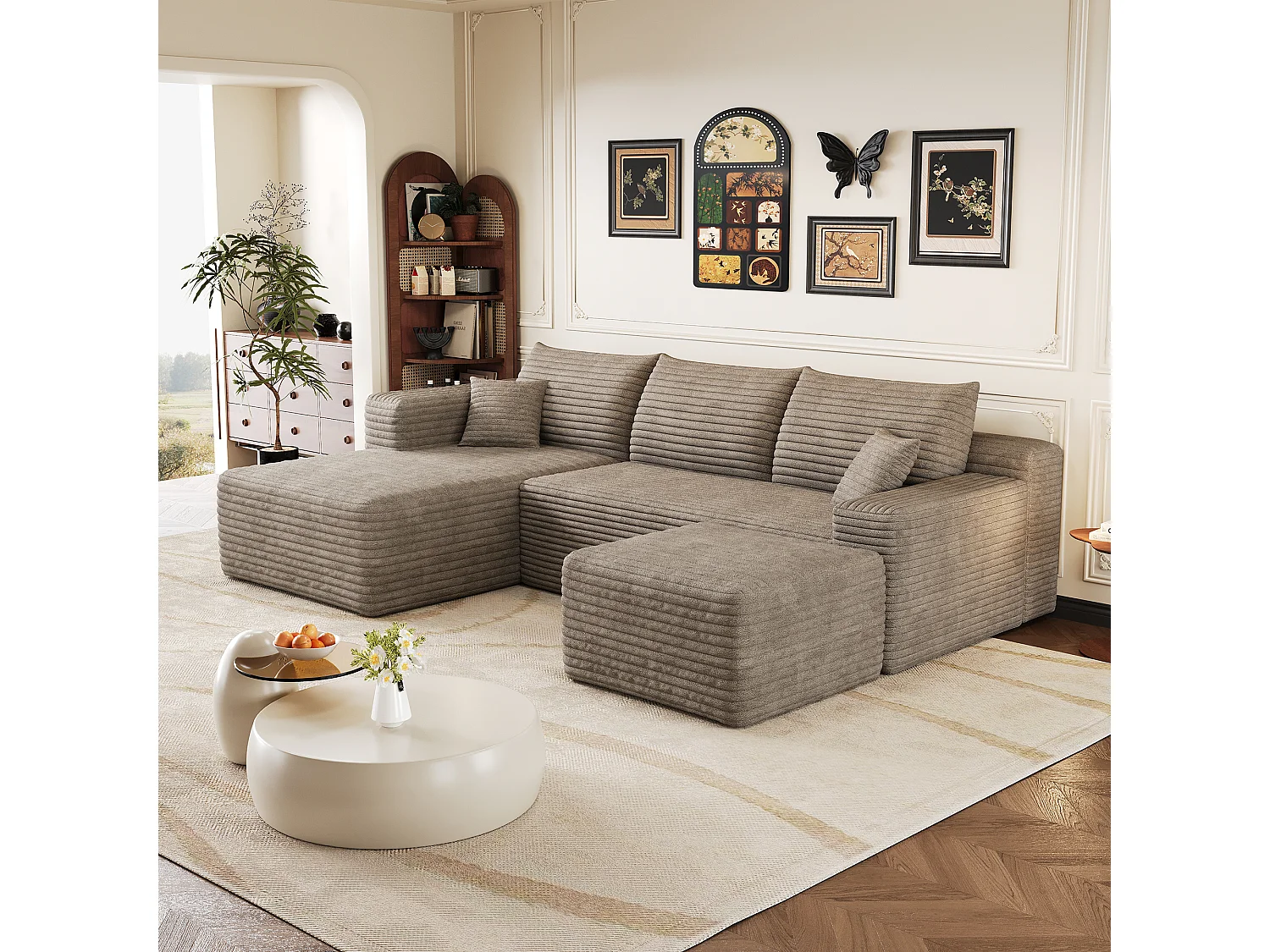 Canapé en L avec méridienne à gauche, assise profonde, style minimaliste moderne, motif « nuages », prêt à l'emploi, couleur camel