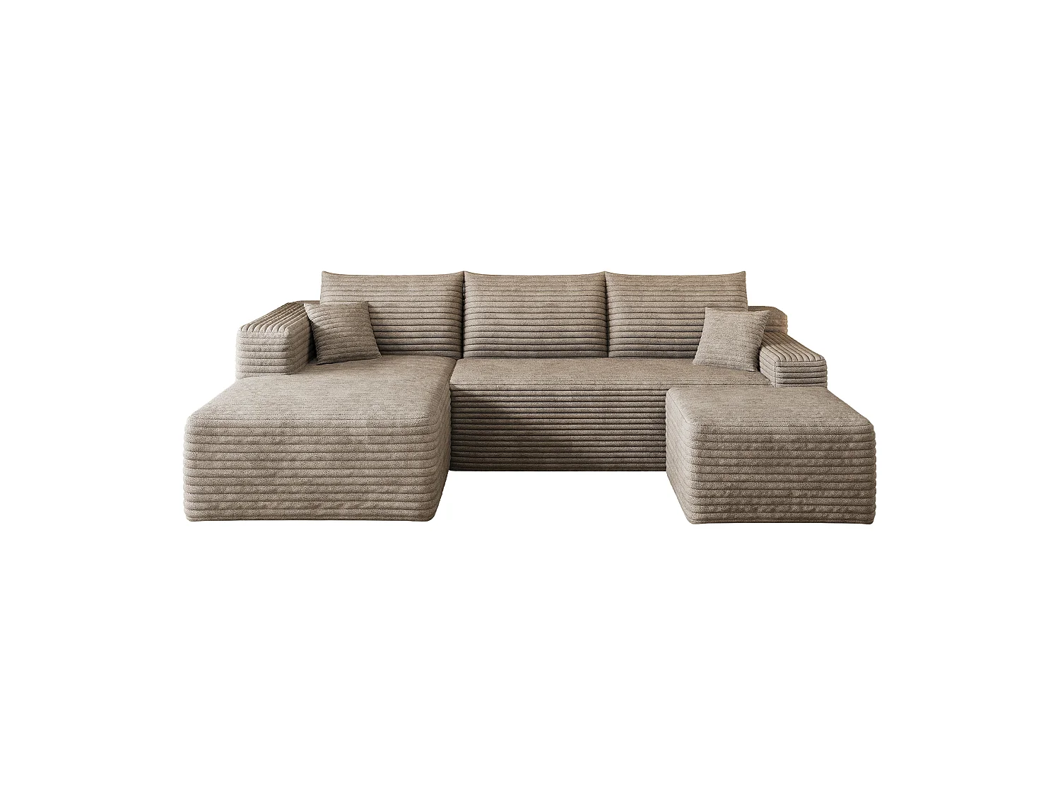 Canapé en L avec méridienne à gauche, assise profonde, style minimaliste moderne, motif « nuages », prêt à l'emploi, couleur camel