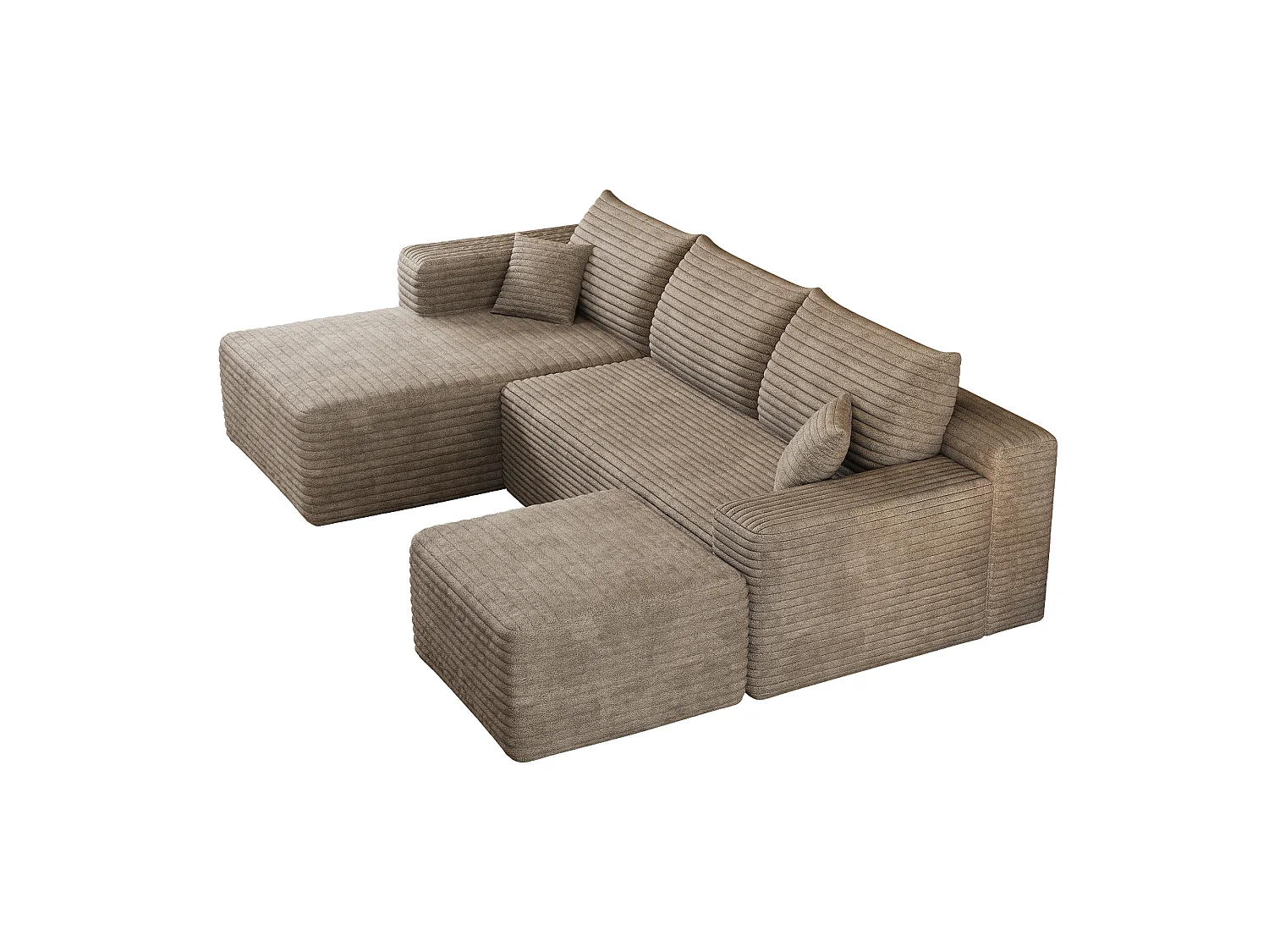 Canapé en L avec méridienne à gauche, assise profonde, style minimaliste moderne, motif « nuages », prêt à l'emploi, couleur camel