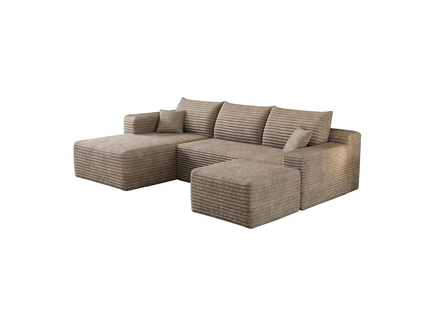 Canapé en L avec méridienne à gauche, assise profonde, style minimaliste moderne, motif « nuages », prêt à l'emploi, couleur camel