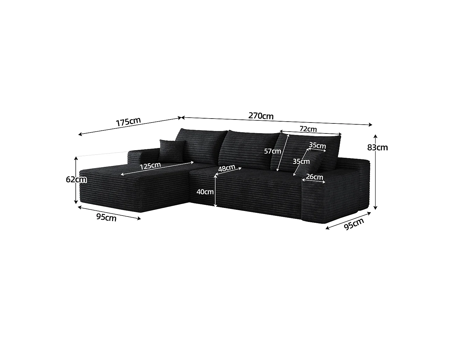 Canapé d'angle modulaire sans armature, avec partie en L à gauche, assise profonde, prêt à l'emploi, noir