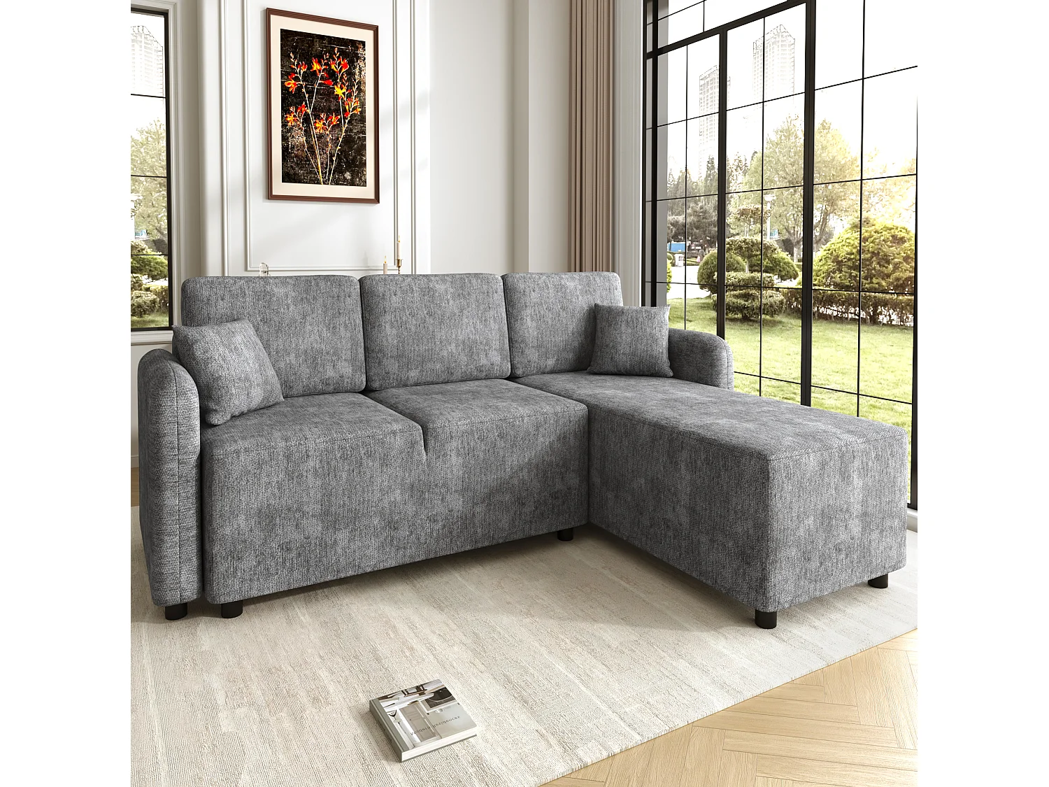 Canapé d'angle en L, doté d'une longue partie allongée, recouvert d'un tissu chenille de haute qualité, livré avec 2 coussins,gris