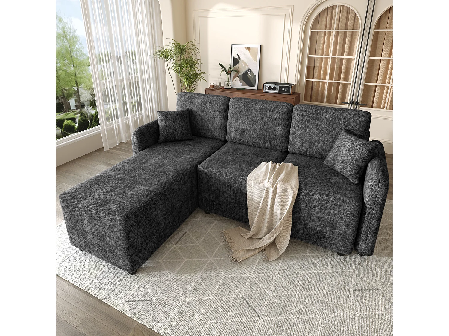Canapé d'angle en L, doté d'une longue partie allongée, recouvert d'un tissu chenille de haute qualité, livré avec 2 coussins,noir