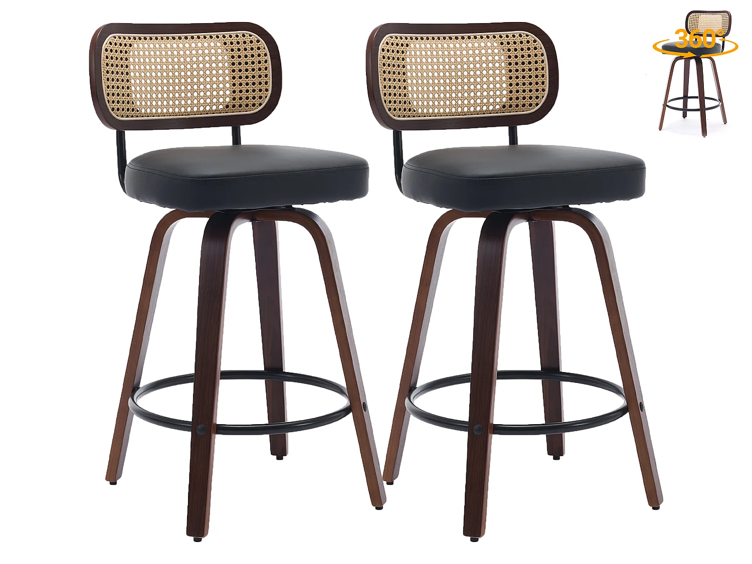 Lot de 2/3 tabourets de bar en PU avec dossier rotin et assise pivotante de 66 cm