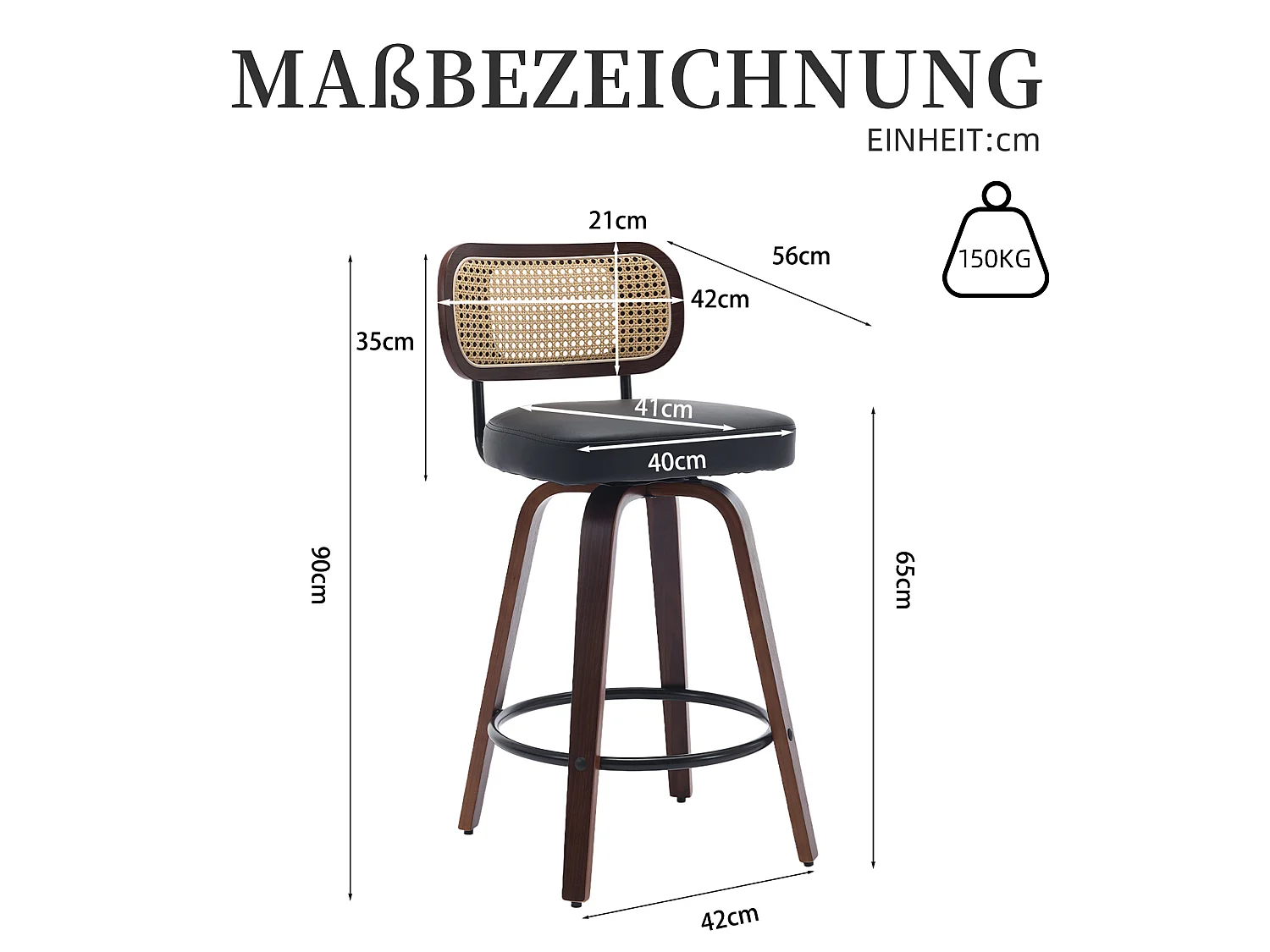 Lot de 2/3 tabourets de bar en PU avec dossier rotin et assise pivotante de 66 cm