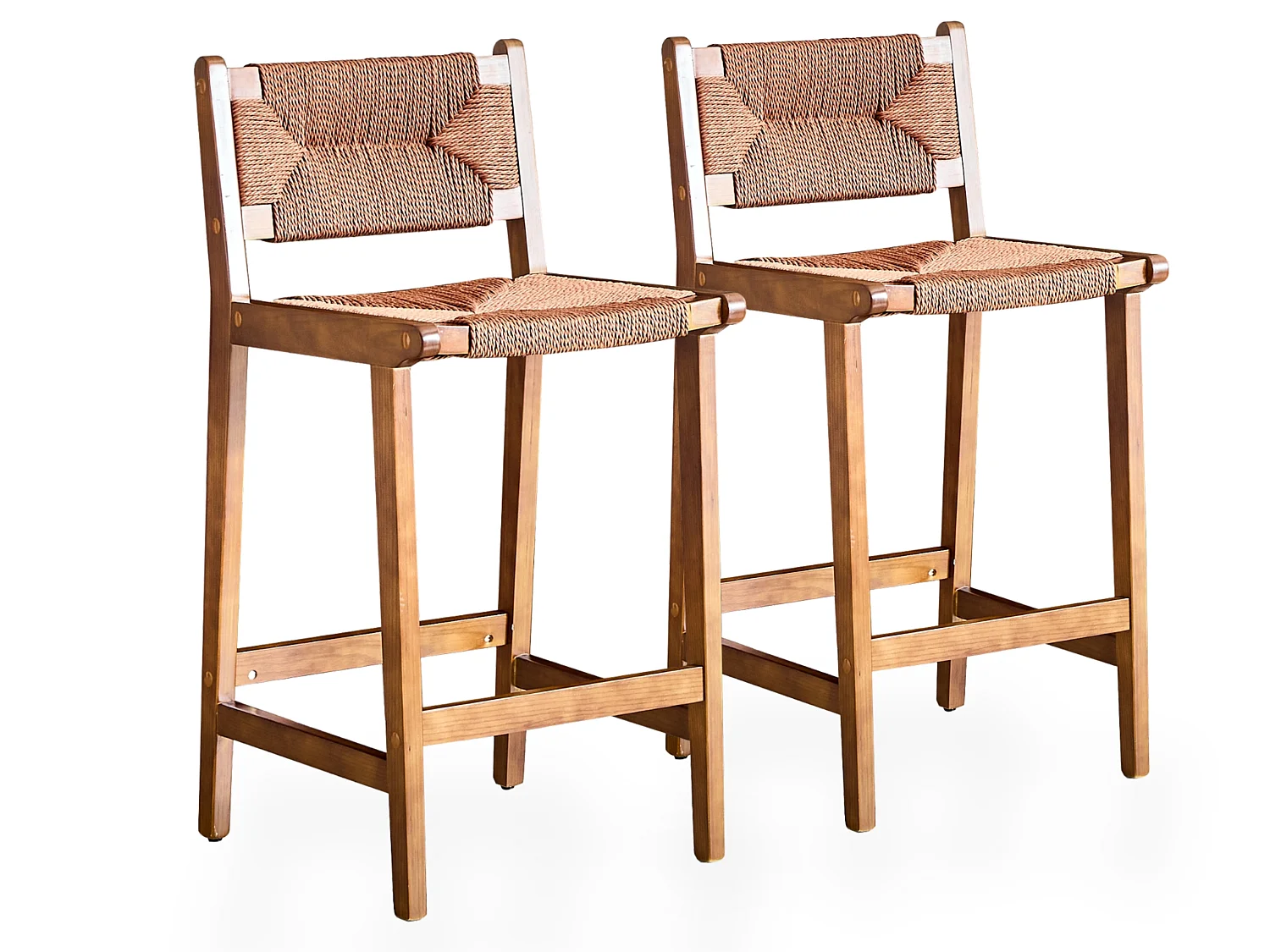 Lot de 2 tabourets de bar en papier corde avec dossier et pieds en bois 64.5 cm