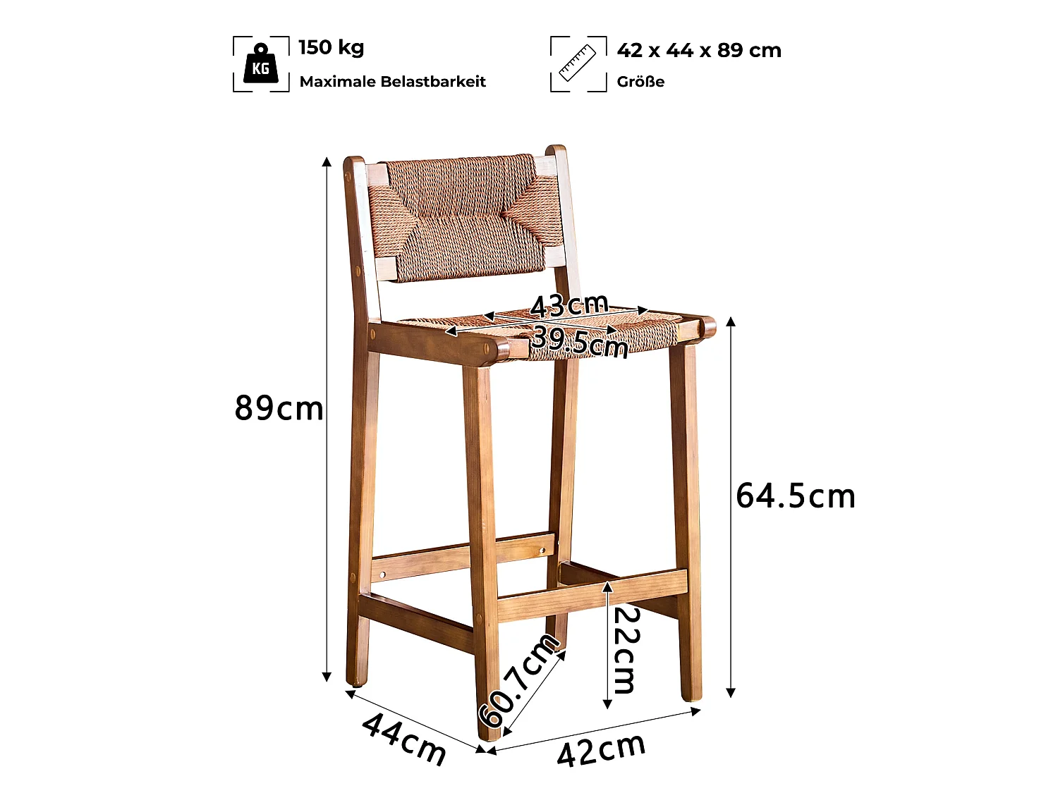 Lot de 2 tabourets de bar en papier corde avec dossier et pieds en bois 64.5 cm