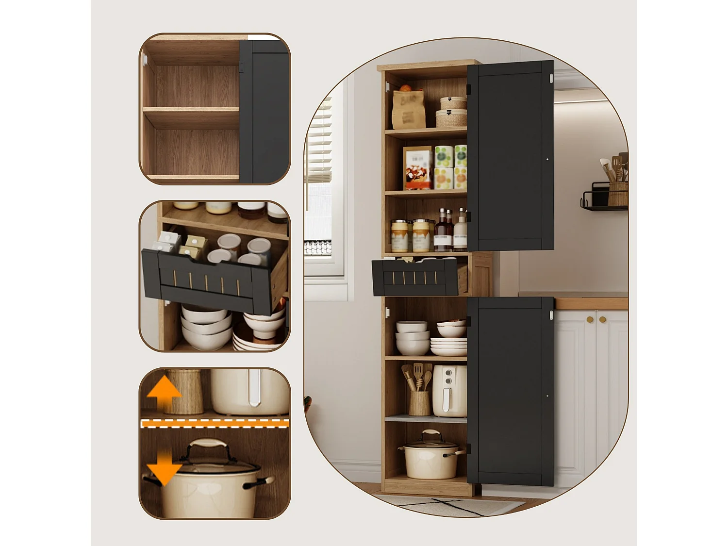 Armoire de cuisine 40 x 30 x 170 cm avec 6 compartiments, étagères réglables, tiroir et façades rainurées rétro