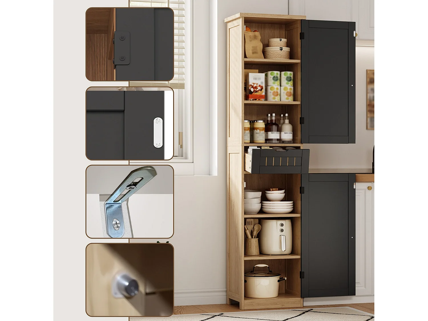 Armoire de cuisine 40 x 30 x 170 cm avec 6 compartiments, étagères réglables, tiroir et façades rainurées rétro