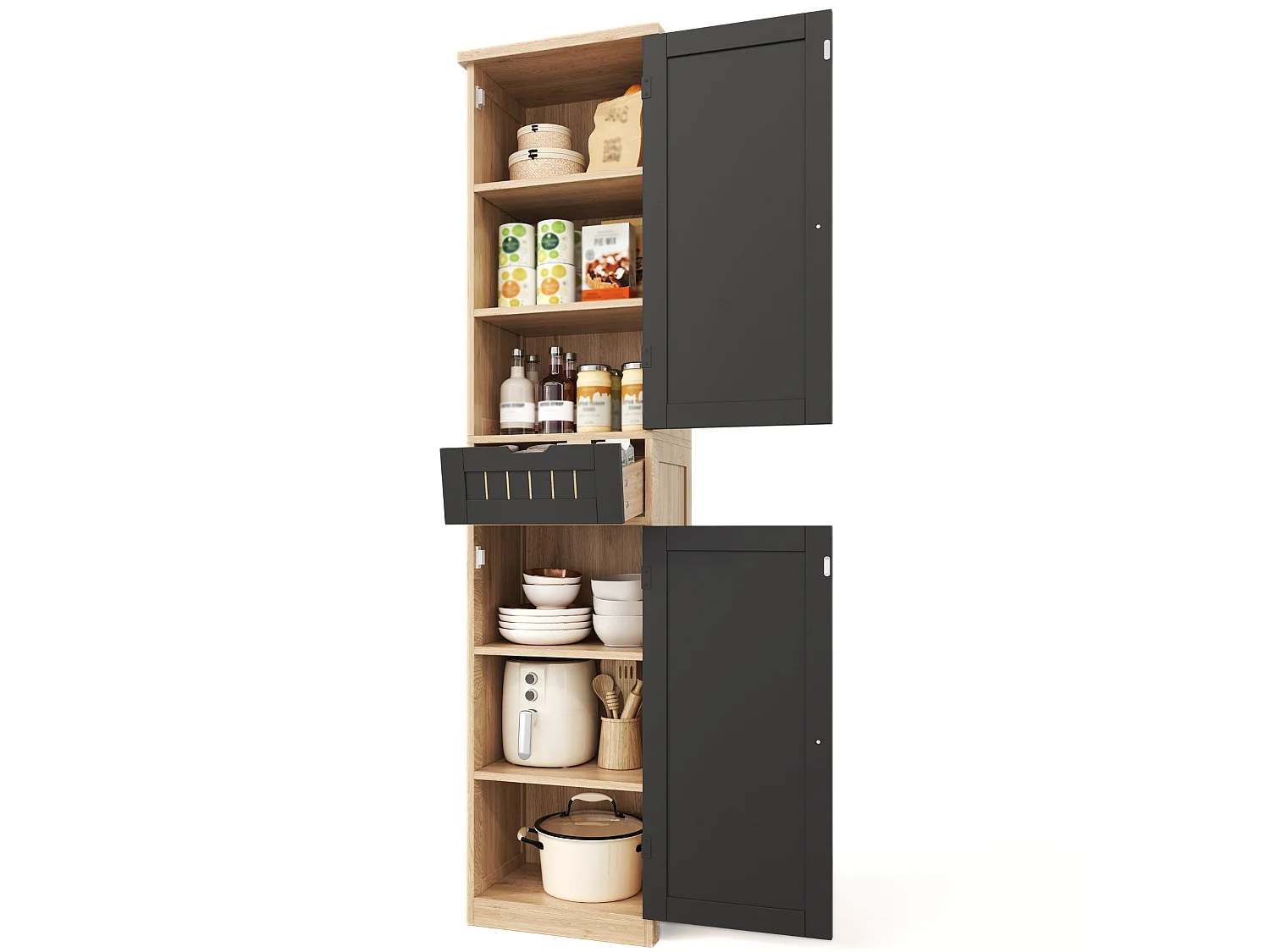Armoire de cuisine 40 x 30 x 170 cm avec 6 compartiments, étagères réglables, tiroir et façades rainurées rétro