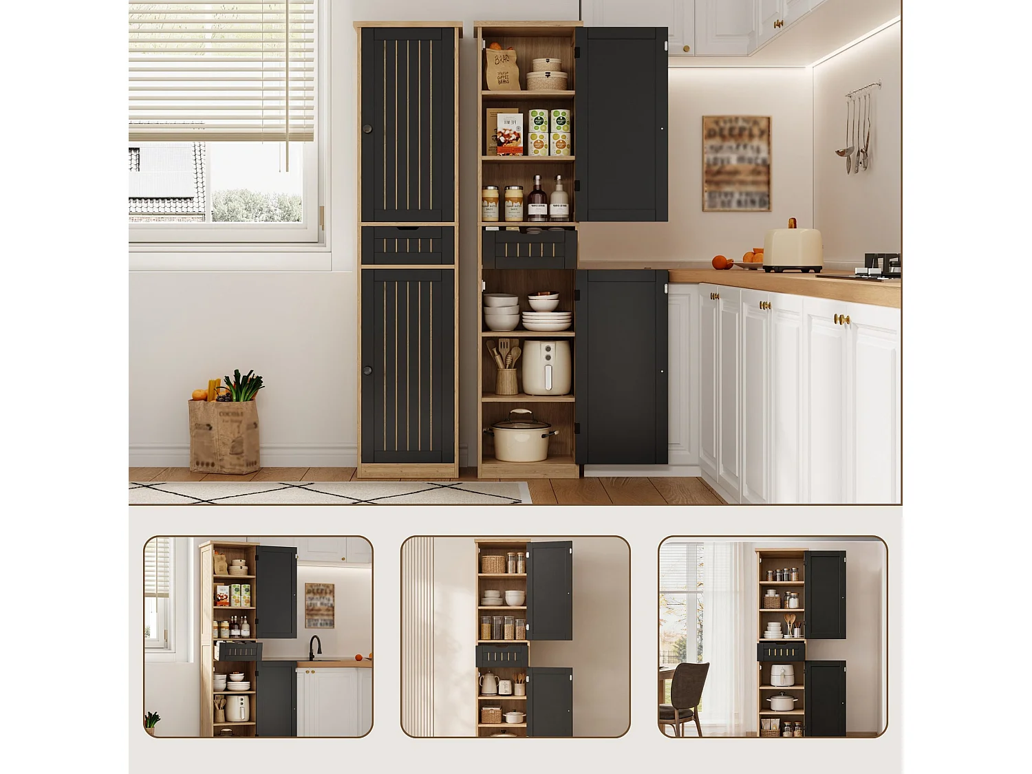 Armoire de cuisine 40 x 30 x 170 cm avec 6 compartiments, étagères réglables, tiroir et façades rainurées rétro