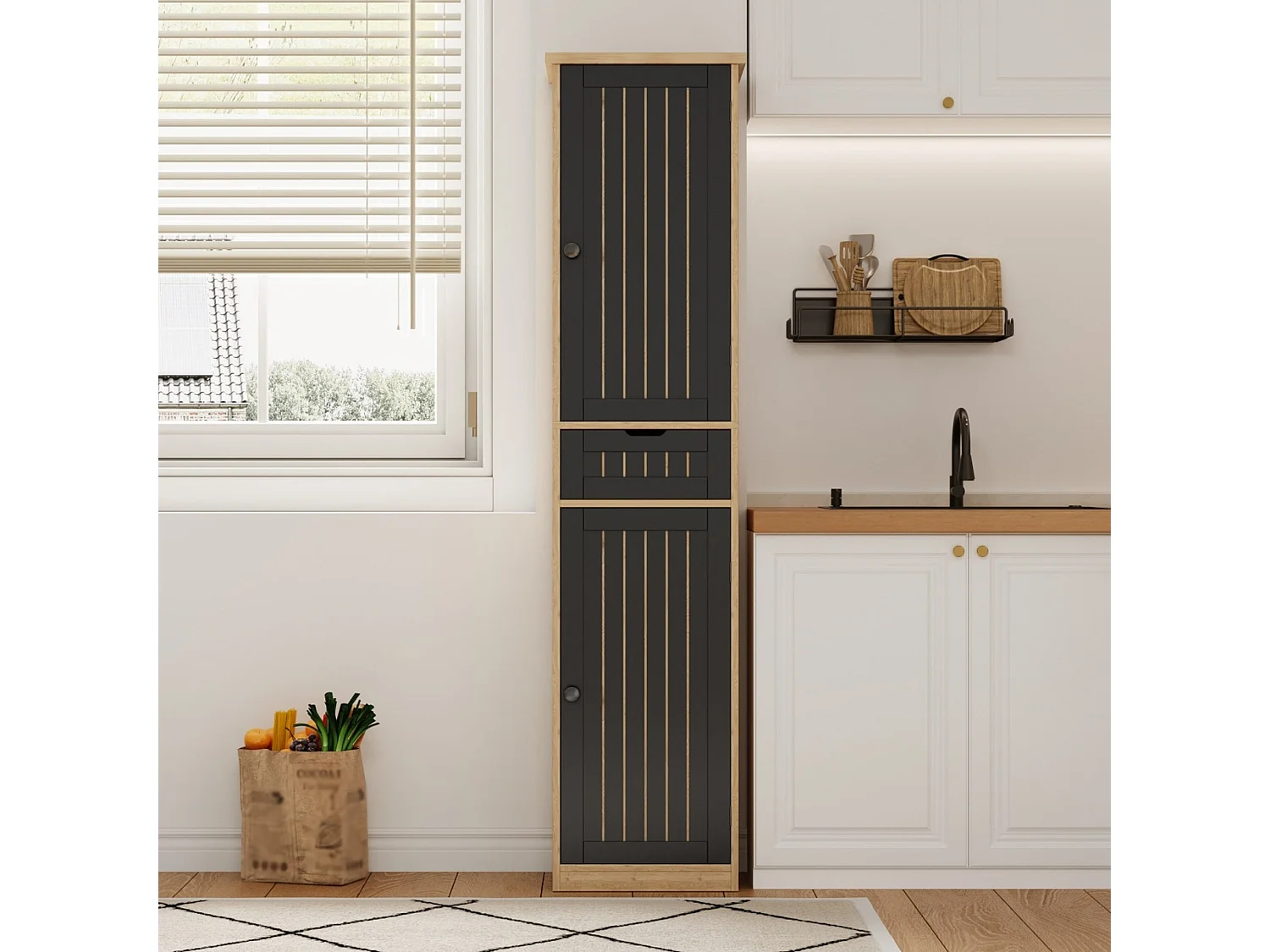 Armoire de cuisine 40 x 30 x 170 cm avec 6 compartiments, étagères réglables, tiroir et façades rainurées rétro