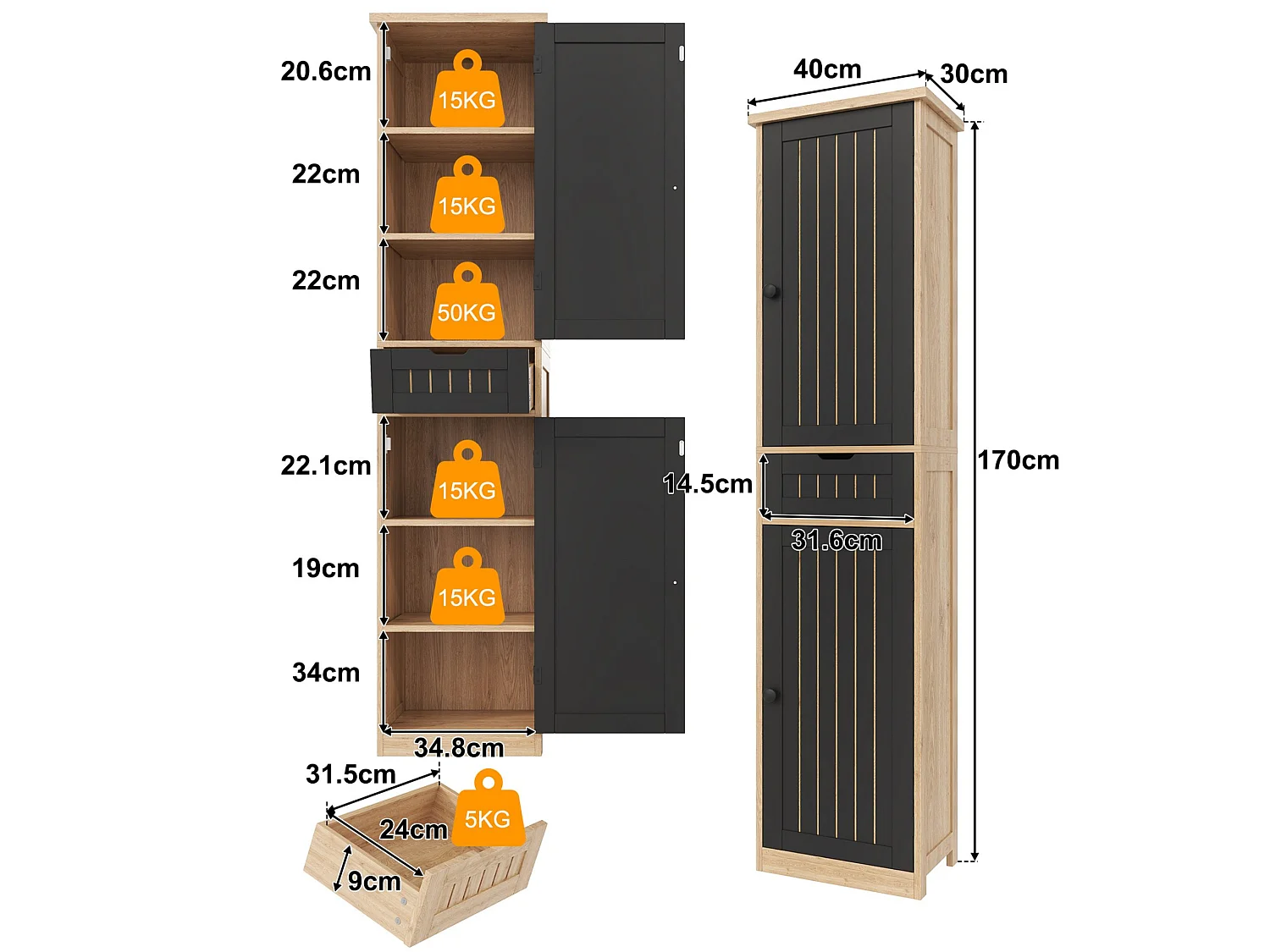 Armoire de cuisine 40 x 30 x 170 cm avec 6 compartiments, étagères réglables, tiroir et façades rainurées rétro