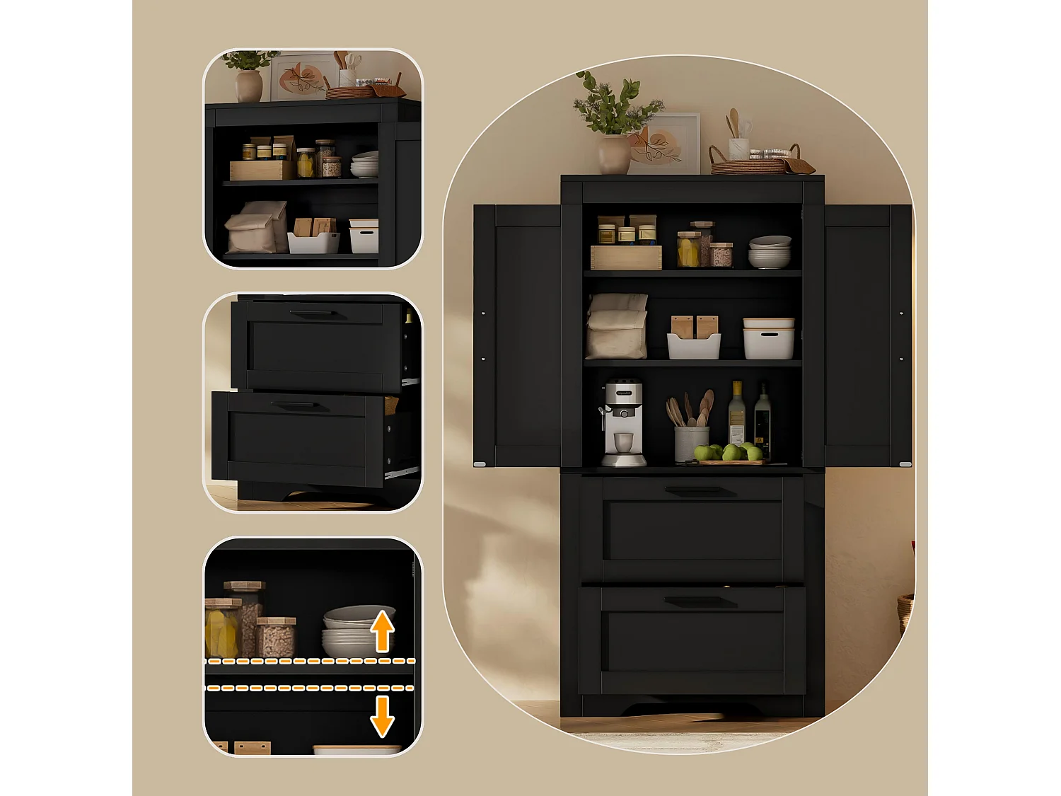 Buffet de cuisine 128 cm avec étagères réglables, 2 tiroirs et rangement fermé style campagne