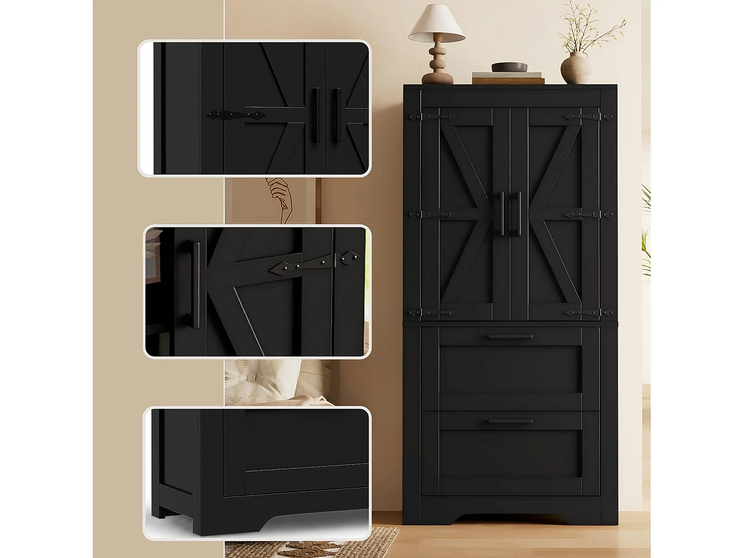 Buffet de cuisine 128 cm avec étagères réglables, 2 tiroirs et rangement fermé style campagne