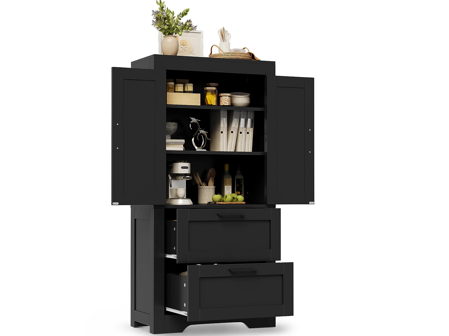 Buffet de cuisine 128 cm avec étagères réglables, 2 tiroirs et rangement fermé style campagne
