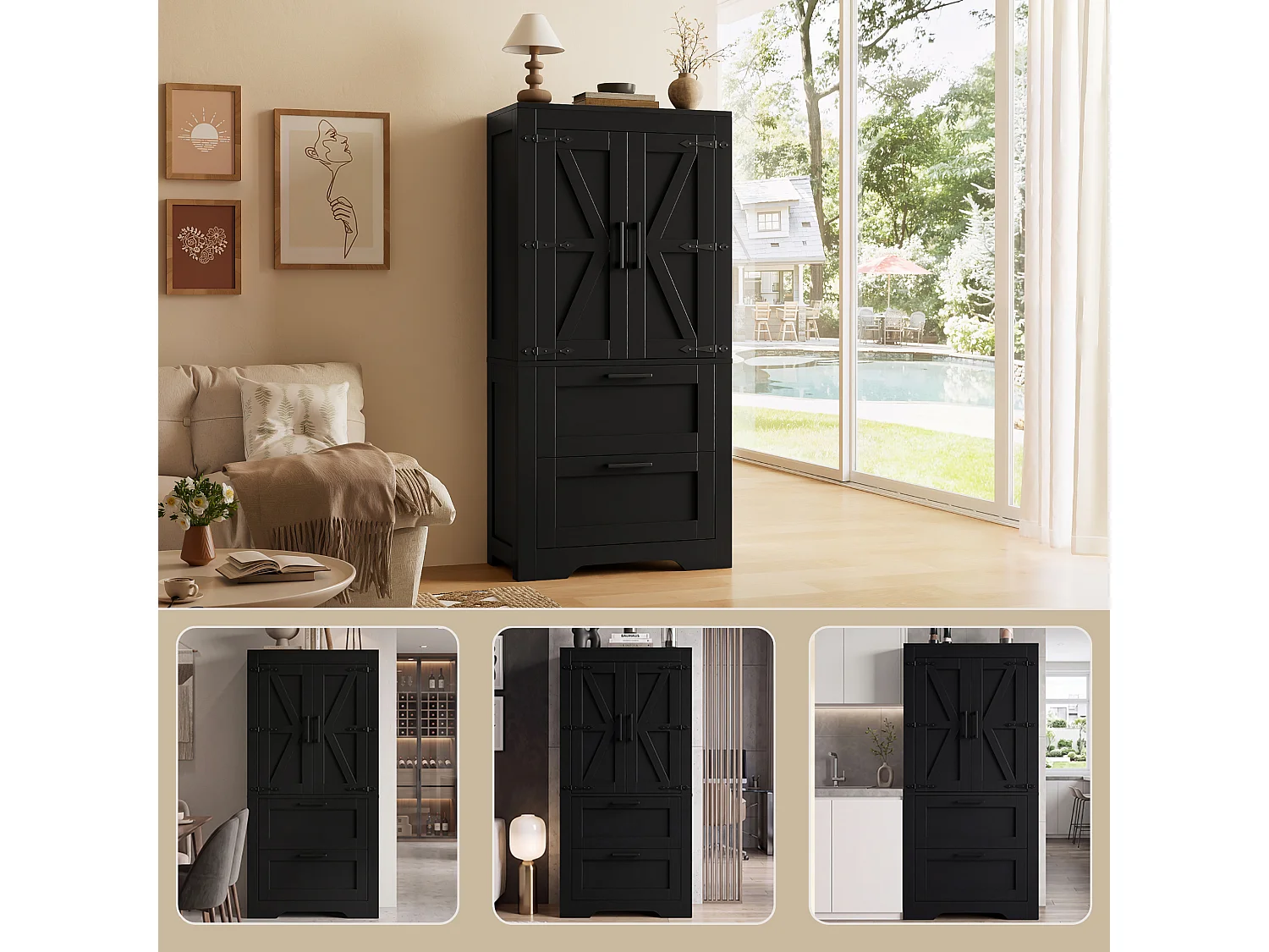 Buffet de cuisine 128 cm avec étagères réglables, 2 tiroirs et rangement fermé style campagne