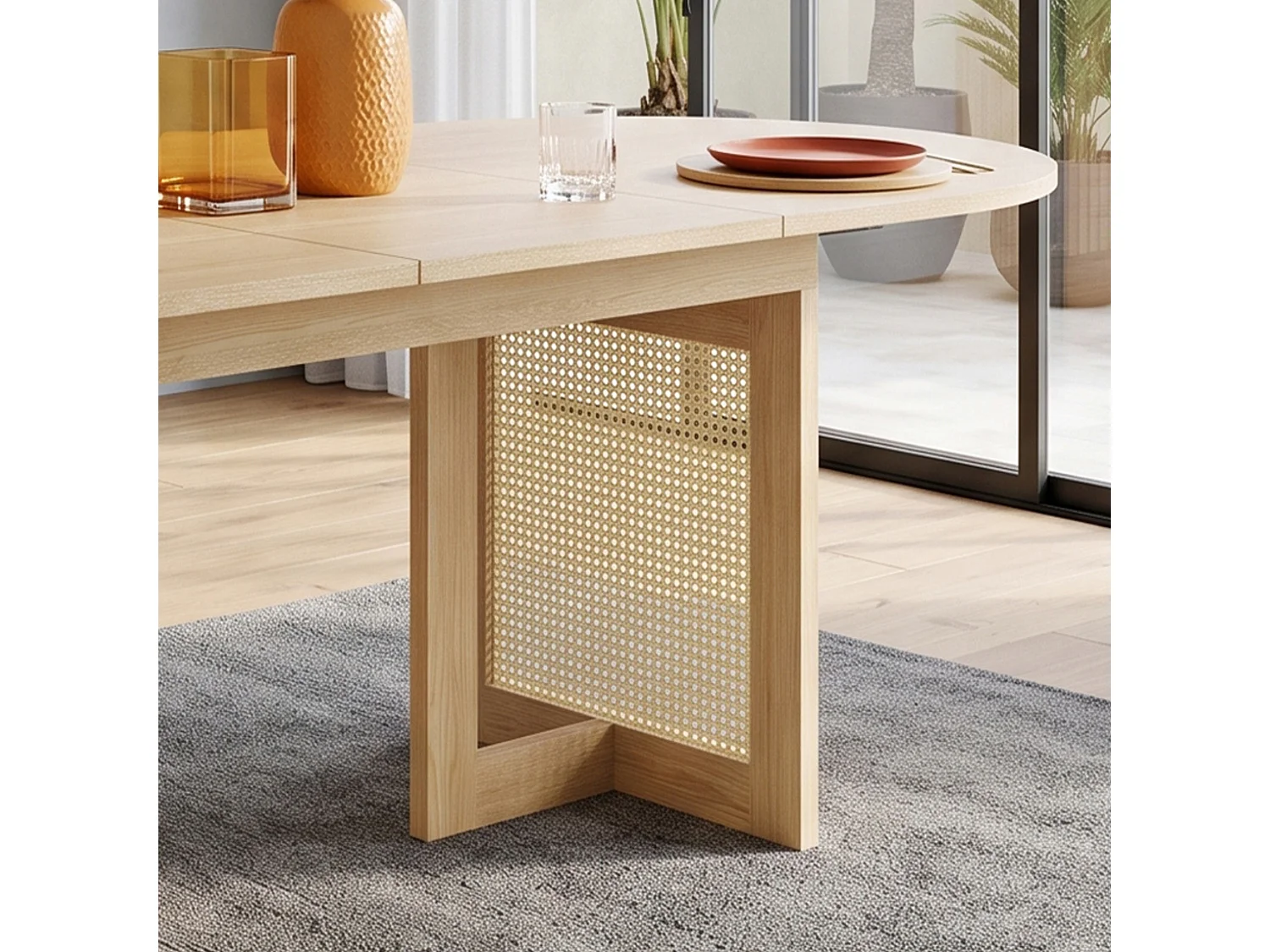 Table à manger extensible 120 160 x 80 x 75 cm pour 6 à 8 personnes avec plateau arrondi et détails en rotin