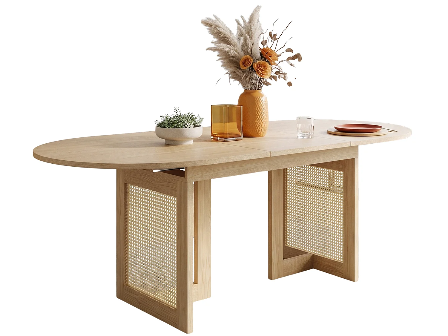 Table à manger extensible 120 160 x 80 x 75 cm pour 6 à 8 personnes avec plateau arrondi et détails en rotin