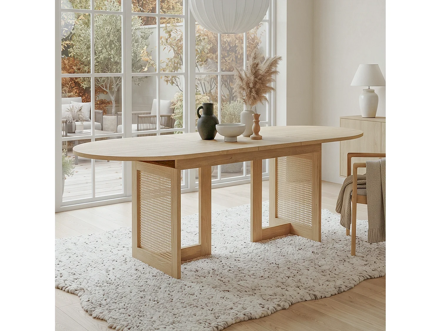 Table à manger extensible 120 160 x 80 x 75 cm pour 6 à 8 personnes avec plateau arrondi et détails en rotin