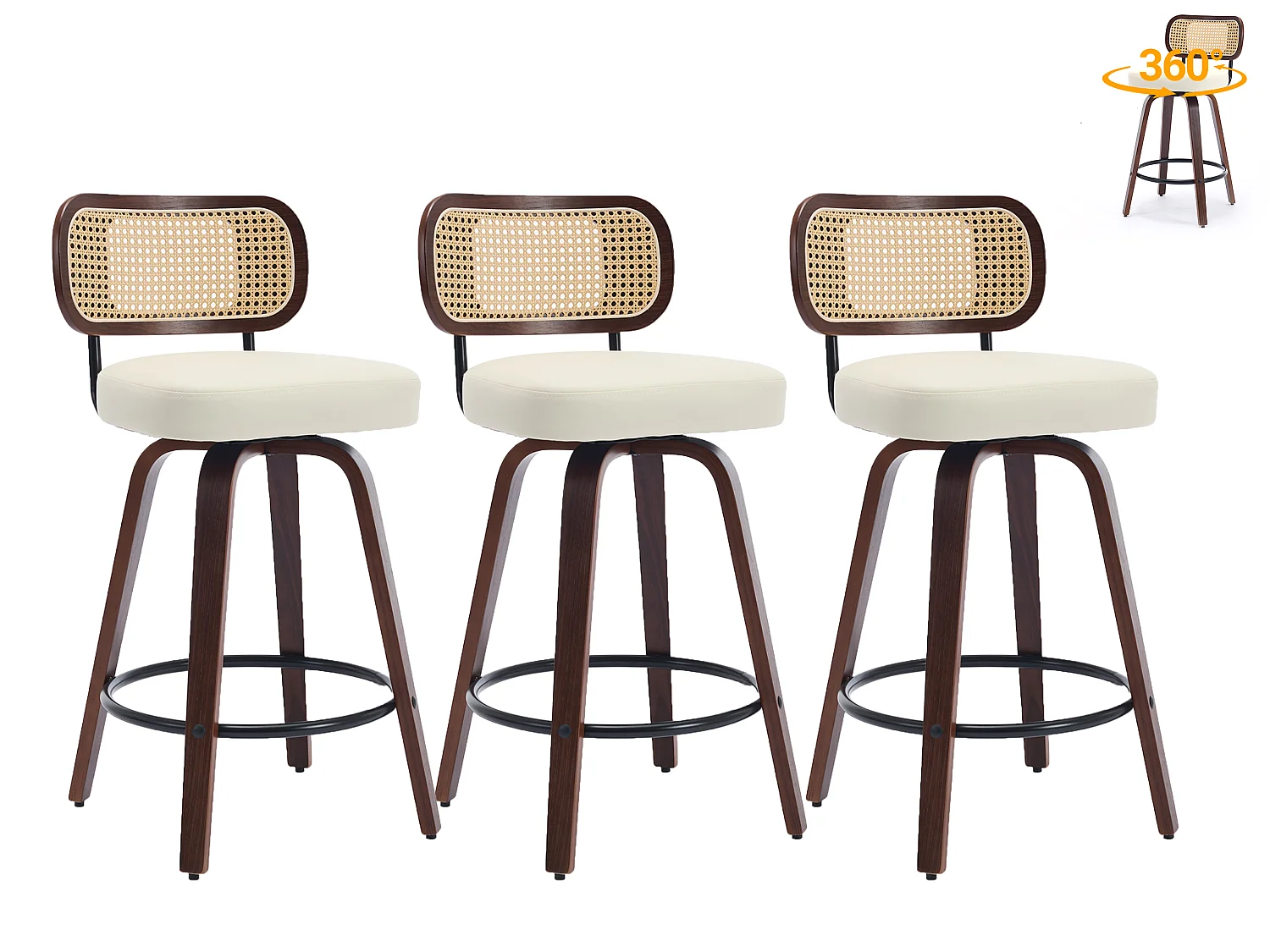 Lot de 2/3 tabourets de bar en PU avec dossier rotin et assise pivotante de 66 cm