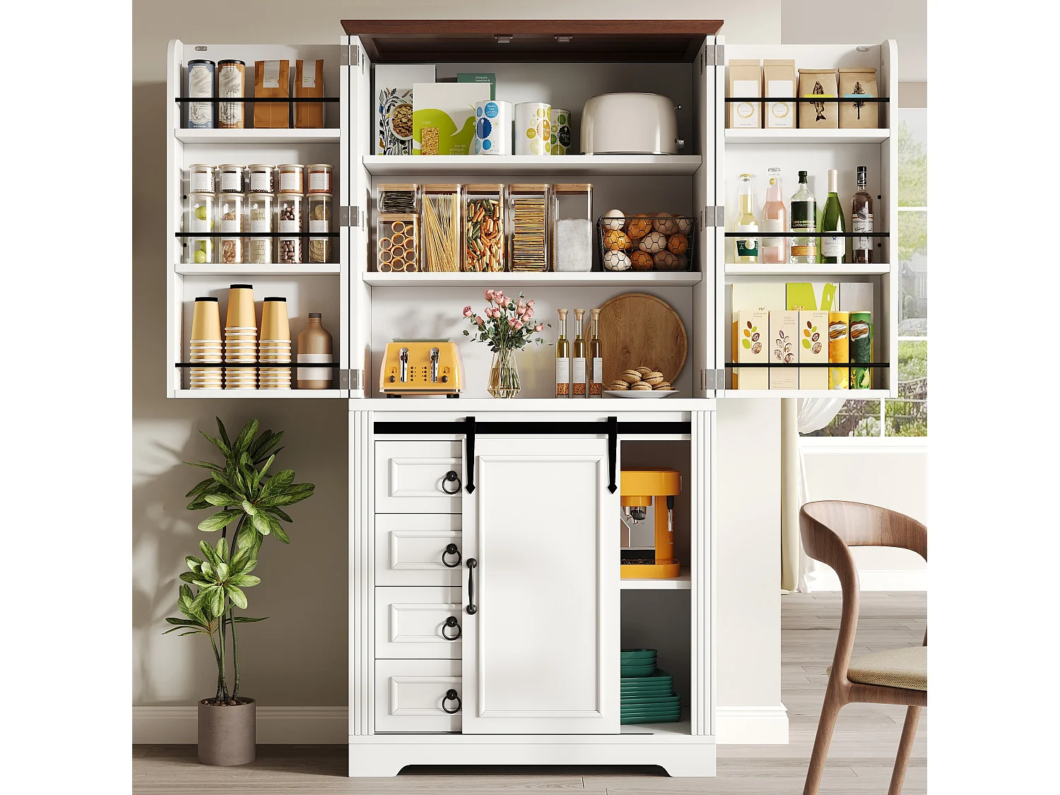 Armoire de cuisine haute 180 cm avec rangement latéral et quatre tiroirs meuble moderne avec étagères réglables et porte coulissante