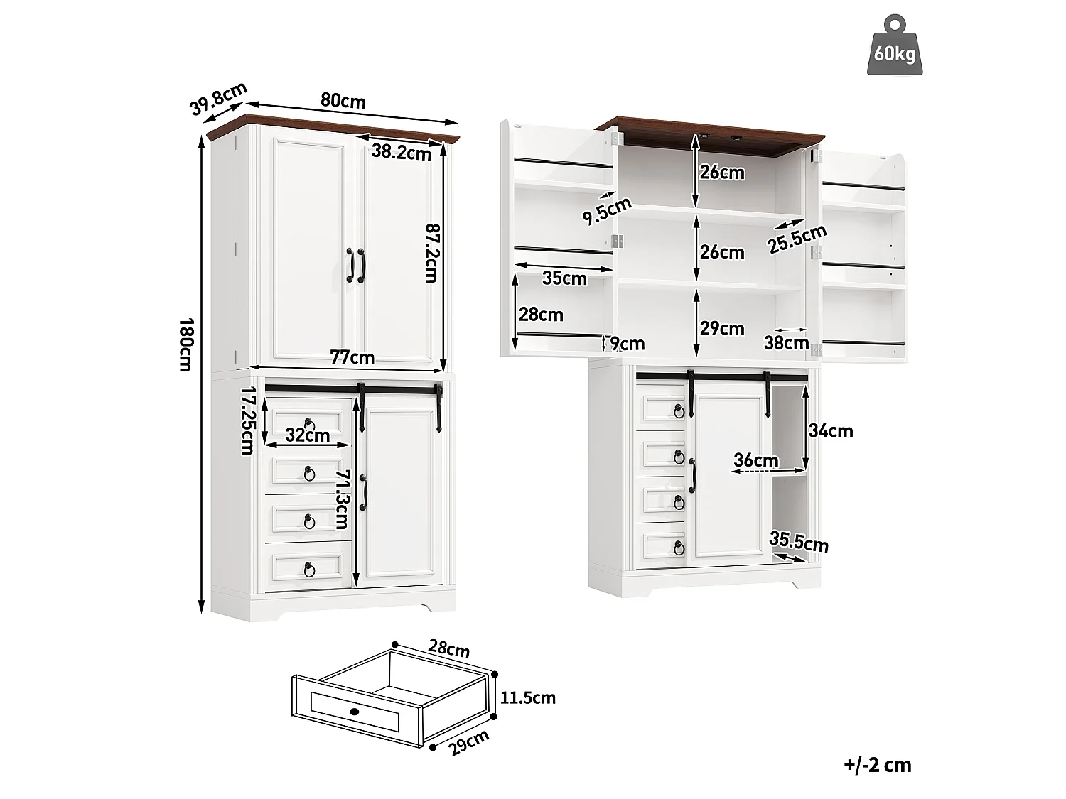 Armoire de cuisine haute 180 cm avec rangement latéral et quatre tiroirs meuble moderne avec étagères réglables et porte coulissante