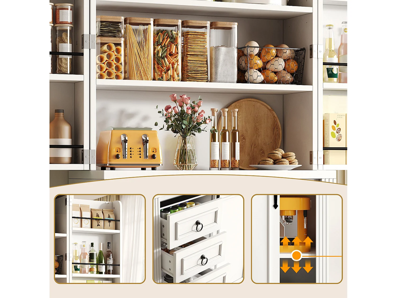 Armoire de cuisine haute 180 cm avec rangement latéral et quatre tiroirs meuble moderne avec étagères réglables et porte coulissante