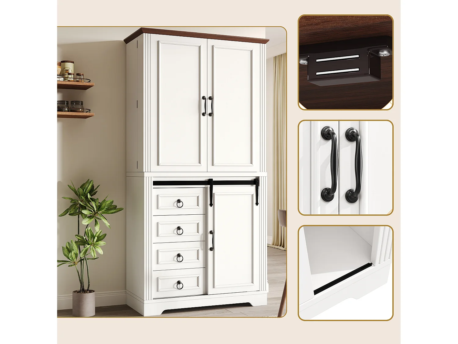Armoire de cuisine haute 180 cm avec rangement latéral et quatre tiroirs meuble moderne avec étagères réglables et porte coulissante