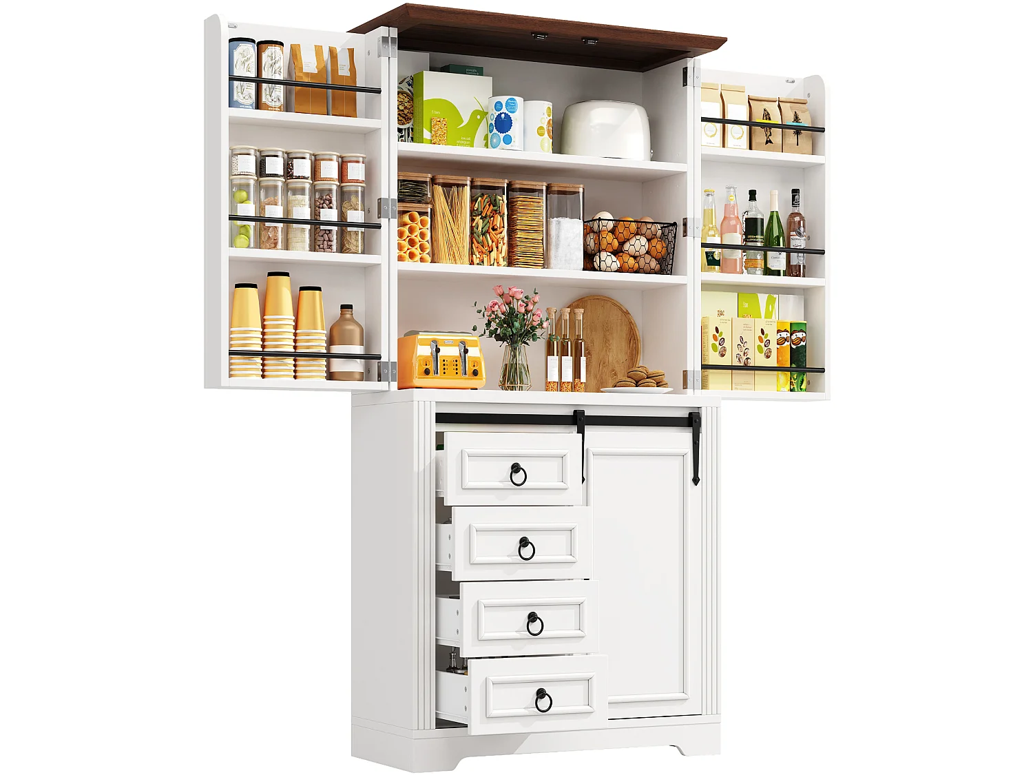 Armoire de cuisine haute 180 cm avec rangement latéral et quatre tiroirs meuble moderne avec étagères réglables et porte coulissante