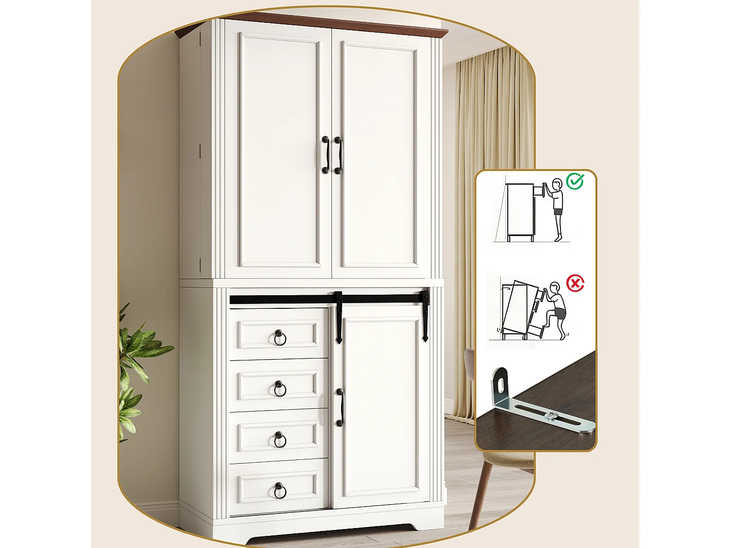 Armoire de cuisine haute 180 cm avec rangement latéral et quatre tiroirs meuble moderne avec étagères réglables et porte coulissante
