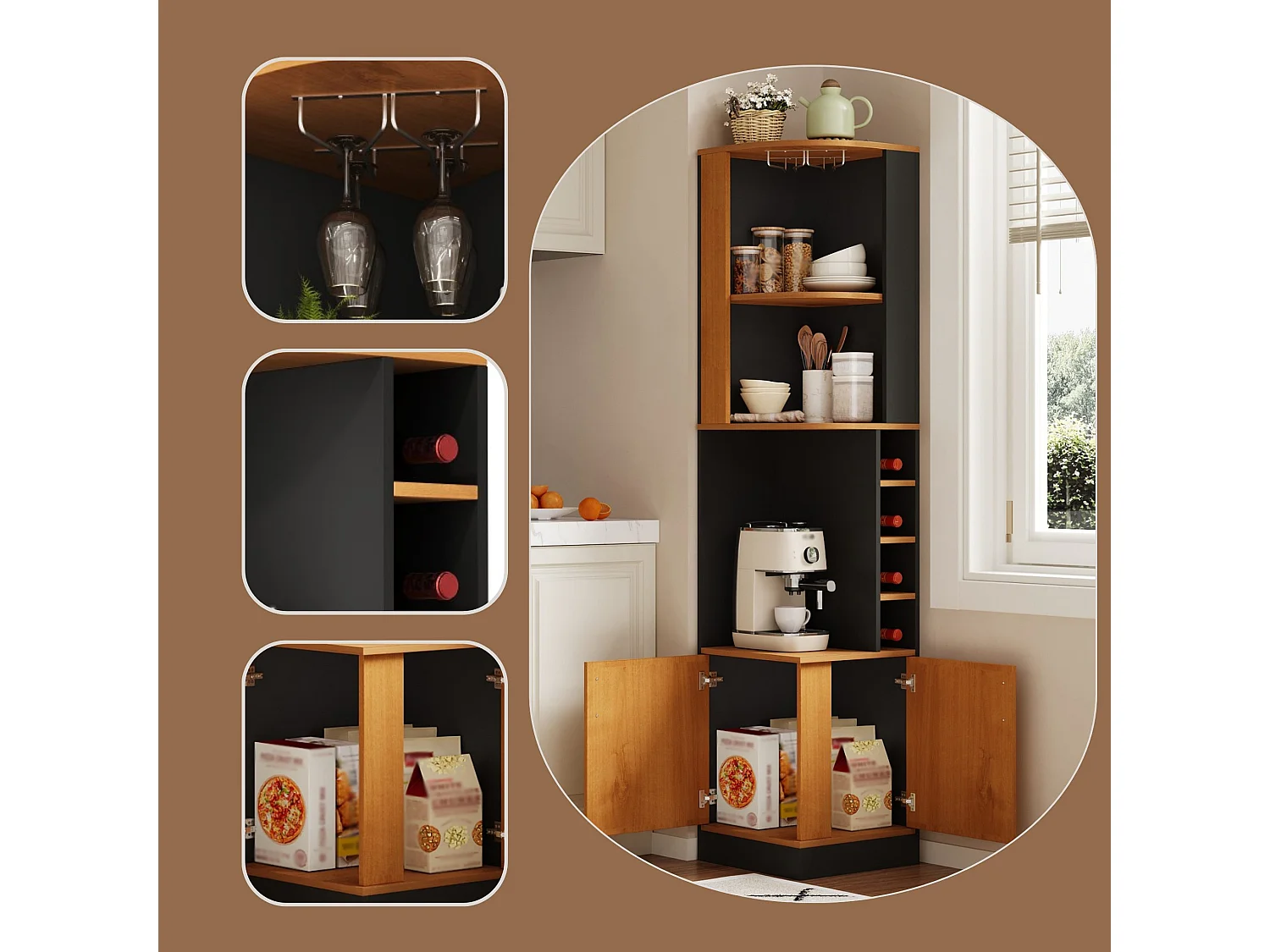Armoire à vin d angle 182 cm avec porte verres, casiers à bouteilles, étagères ouvertes et meuble deux portes