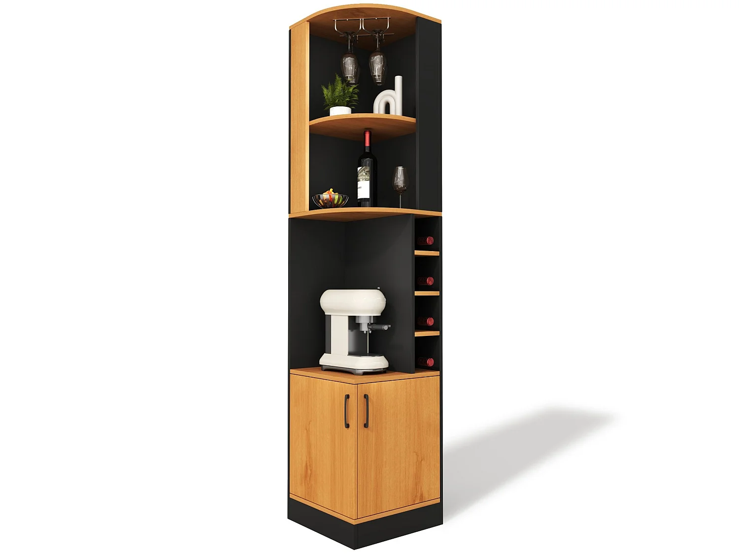 Armoire à vin d angle 182 cm avec porte verres, casiers à bouteilles, étagères ouvertes et meuble deux portes