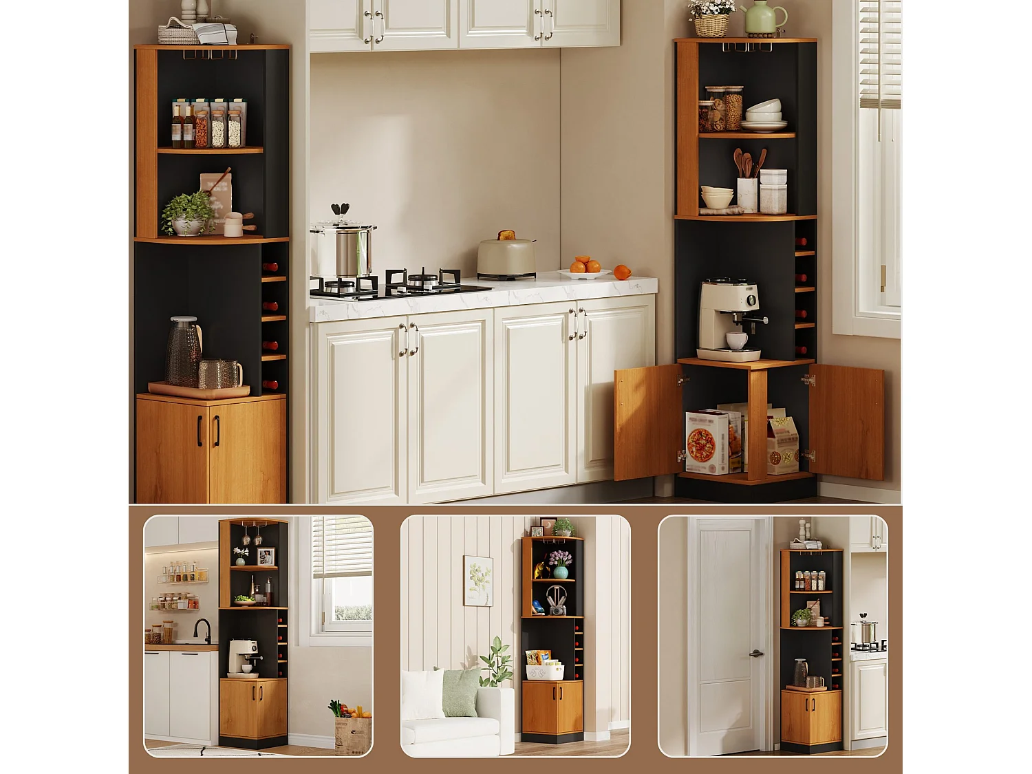 Armoire à vin d angle 182 cm avec porte verres, casiers à bouteilles, étagères ouvertes et meuble deux portes