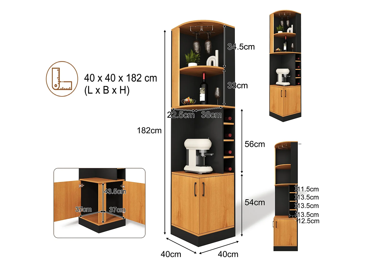 Armoire à vin d angle 182 cm avec porte verres, casiers à bouteilles, étagères ouvertes et meuble deux portes