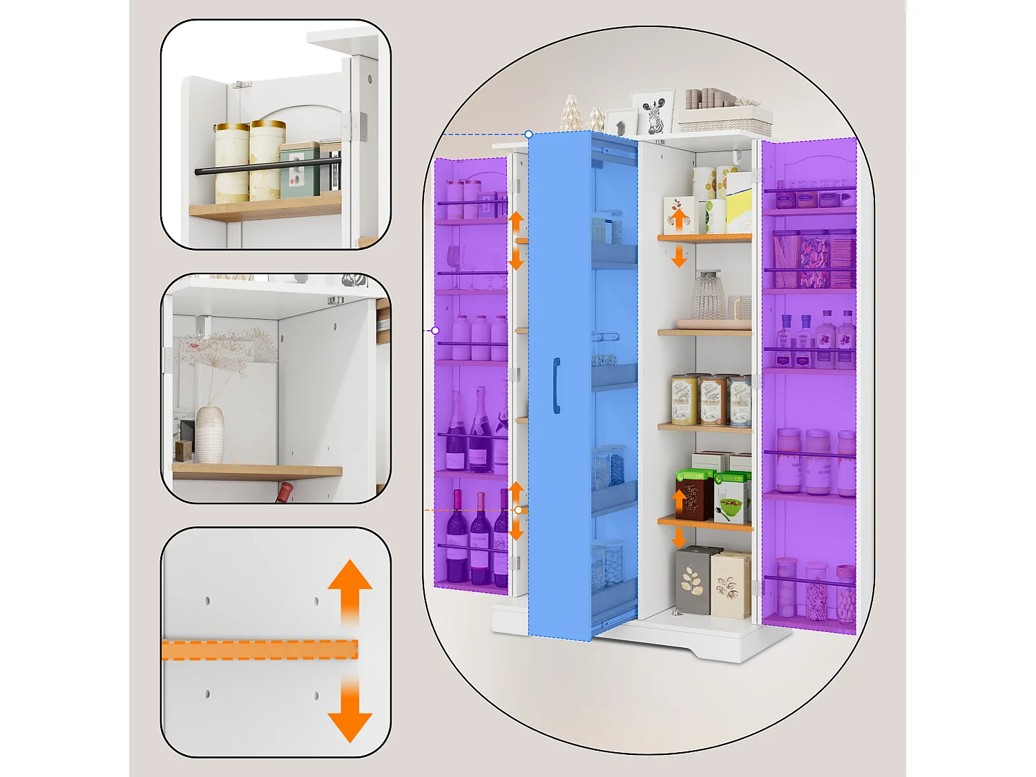 Armoire de cuisine avec rangements de porte et colonne coulissante 4 niveaux avec étagères réglables