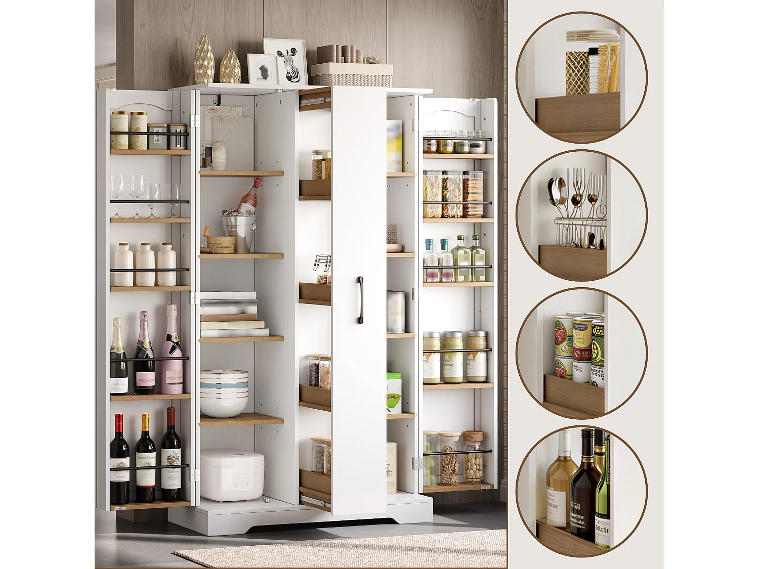 Armoire de cuisine avec rangements de porte et colonne coulissante 4 niveaux avec étagères réglables