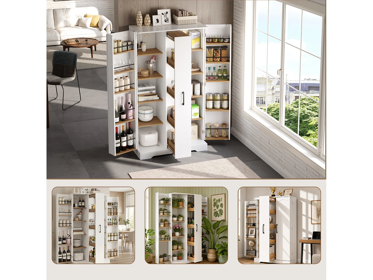 Armoire de cuisine avec rangements de porte et colonne coulissante 4 niveaux avec étagères réglables