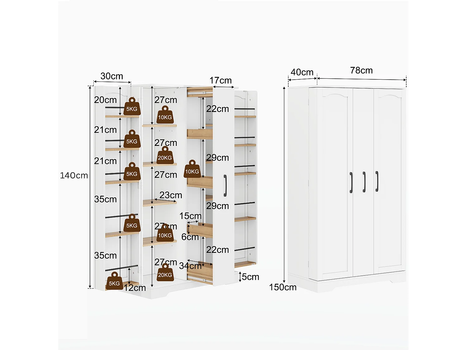 Armoire de cuisine avec rangements de porte et colonne coulissante 4 niveaux avec étagères réglables